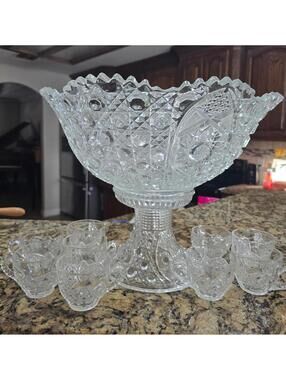 1894 EAPG Mckee Cut Glass Punch Bowl With Base & 9 Cups